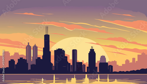 Vector Silhouette of Modern Cityscape in Golden Hour