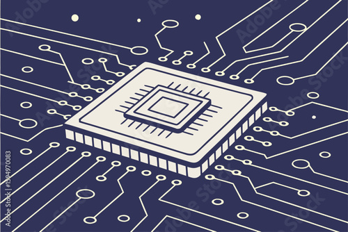 Illustration of a central processing unit on a circuit board with intricate line connections and circles