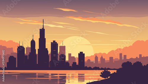 Vector Silhouette of Modern Cityscape in Golden Hour