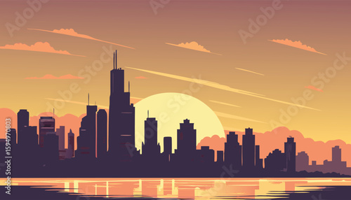Urban City Skyline at Sunset with Water Reflection
