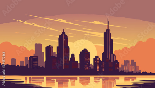 Urban City Skyline at Sunset with Water Reflection