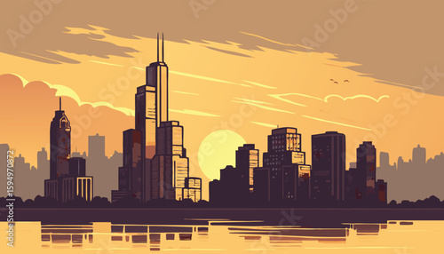 Vector Silhouette of Modern Cityscape in Golden Hour