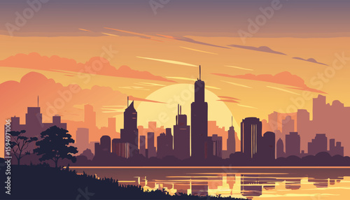 Vector Silhouette of Modern Cityscape in Golden Hour