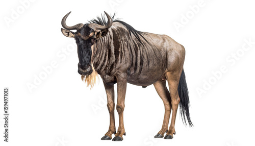 A rugged wildebeest with curved horns, a shaggy mane, and a dirt-streaked coat stands against a white background.