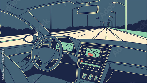 Interior view from inside a car driving on a highway at night with streetlights illuminating the road