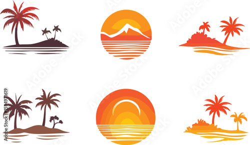Set of six tropical island and sunset vector logos for travel designs