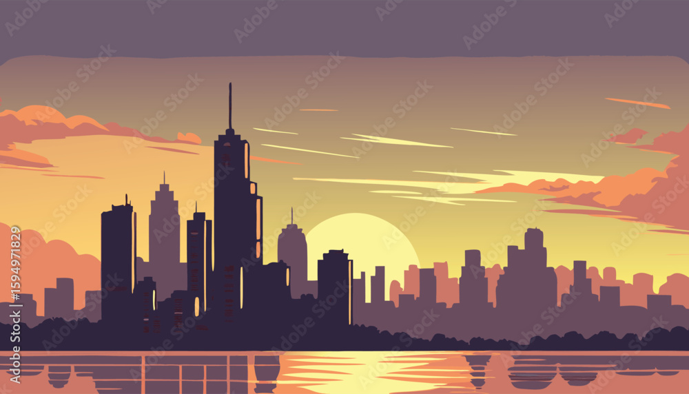 Obraz premium Vector Silhouette of Modern Cityscape in Golden Hour