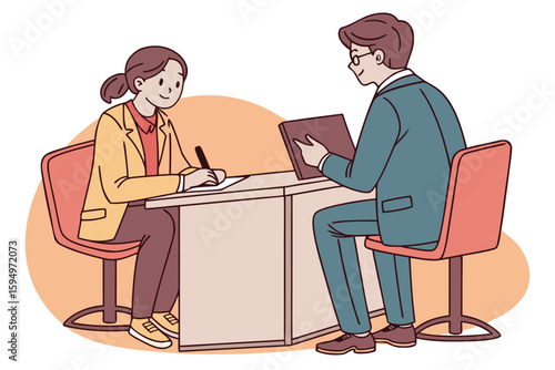 Business Job Interview concept. Vector cartoon illustration of a young woman asking questions and a man in a suit answering them while sitting at a table.businesswoman, career, ceo, company, 