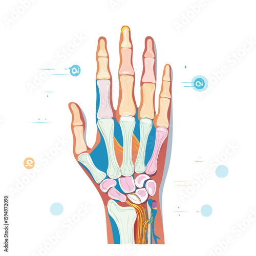 Hand Anatomy Unveiled: A meticulously crafted, colorful illustration offers a comprehensive view of the human hand's skeletal structure, ideal for medical education and anatomical study.