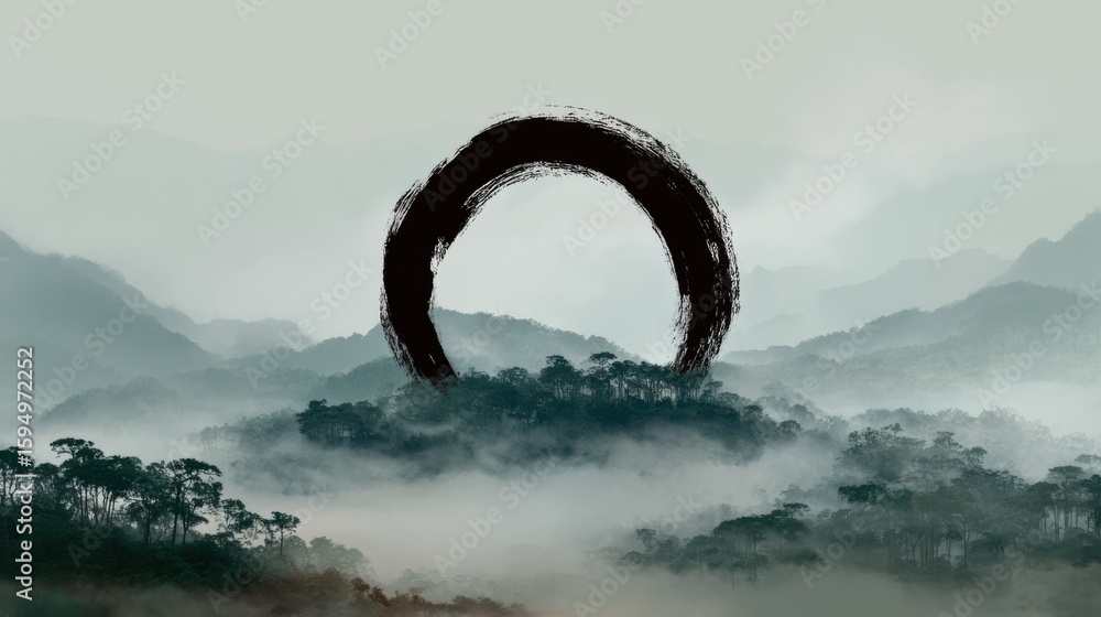 Fototapeta premium Zen circle brushed with frayed edges, imperfect wholeness hovering above misted foothills.