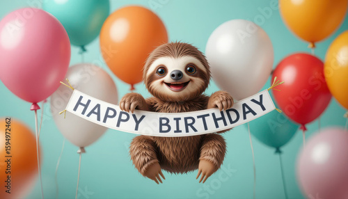 Smiling Brown Sloth Holding Happy Birthday Banner with Colorful Balloons