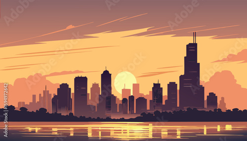 Vector Silhouette of Modern Cityscape in Golden Hour