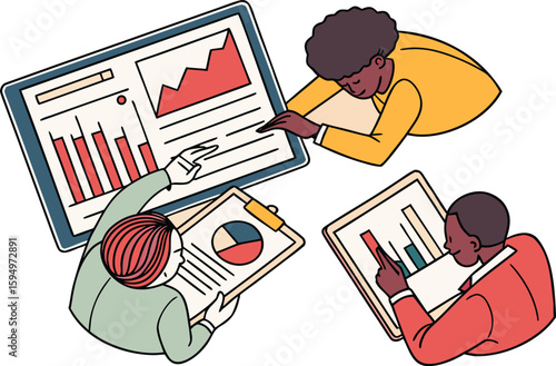 Business Job Interview concept. Vector cartoon illustration of two people sitting at a table with a laptop and asking a young woman questions.businesswoman, career, company, conversation, discussion, 