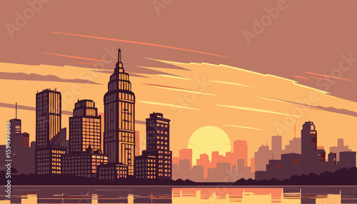 Vector Silhouette of Modern Cityscape in Golden Hour