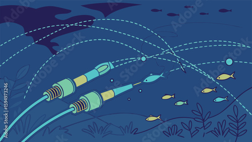 Underwater cables connecting to fish among other fish and shark silhouettes in the deep blue sea