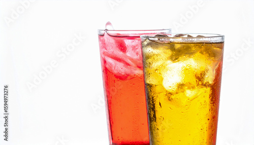 Cold fresh drinks isolated on white background with condensation effect, backlit glow and crisp framing