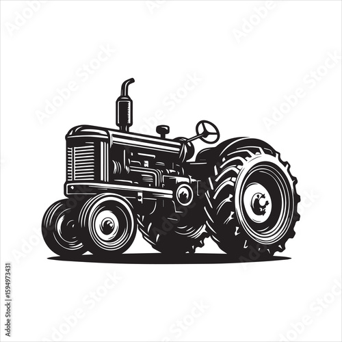 Detailed monochrome illustration of a vintage tractor with prominent tire treads.