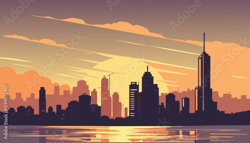 Vector Silhouette of Modern Cityscape in Golden Hour