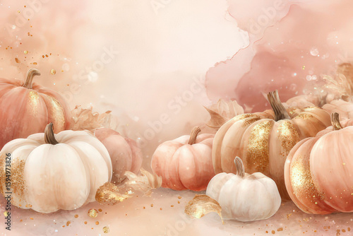 Delicate Watercolor Pumpkins and Mushrooms with Floral Accents, space for text