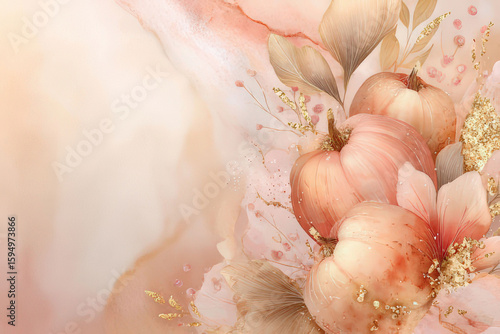 Delicate Watercolor Pumpkins and Mushrooms with Floral Accents, space for text