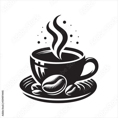 Steaming Coffee Cup with Beans on Saucer Black and White Vector Graphic.