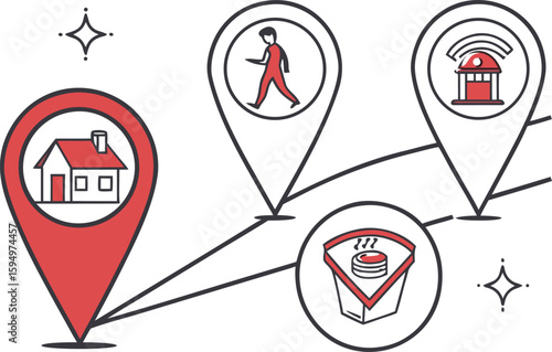 set of map pin icons. location marker collection. point map with home, work, restaurant address icon. gps vector symbol on transparent background.address, map, marker, navigation, position, signs, 