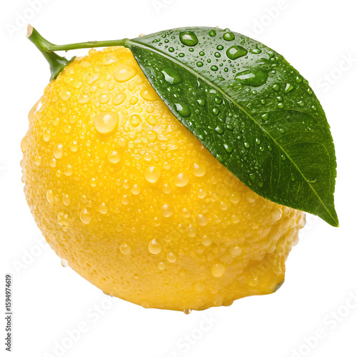Fresh ripe yellow lemon covered in water droplets with green leaf isolated on transparent background