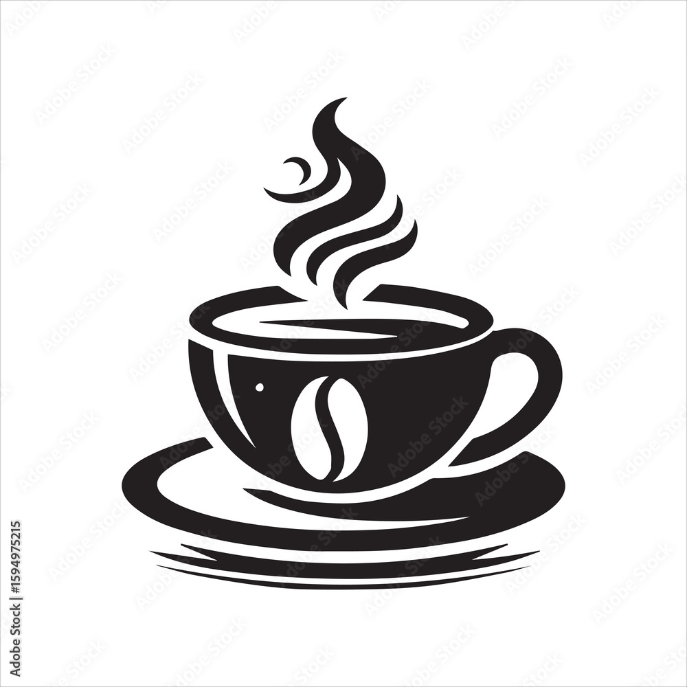 Stylized Coffee Cup with Steam and Bean Silhouette on Saucer. Stylized Coffee Cup with Steam and Bean Silhouette on Saucer.
