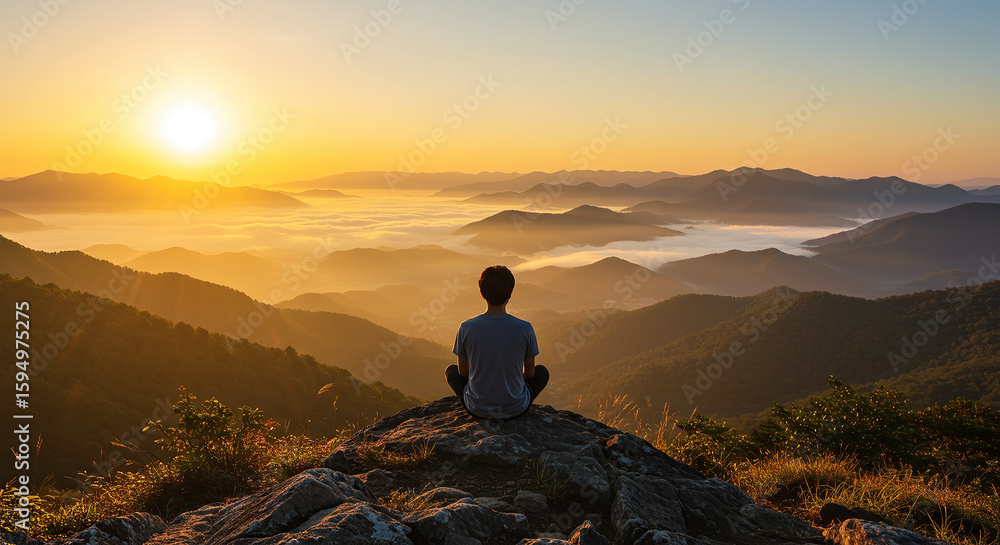Fototapeta premium Meditative Moment: Contemplation Amidst the Mountain Vista at Sunrise, Embracing Serenity: A Lone Figure Meditates Above a Sea of Fog-Drenched Mountains