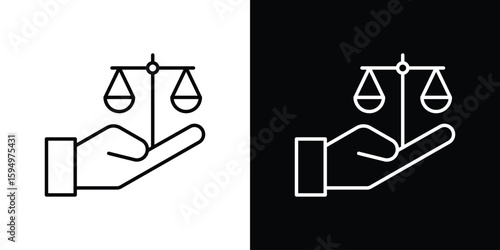 Justice scales in Hand icon Editable stroke vector pack, suitable for web designs.