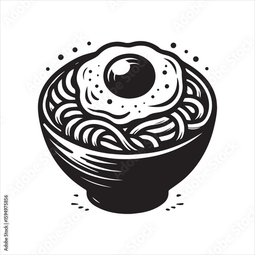 Artistic Black and White Illustration of Ramen Noodles with Fried Egg.