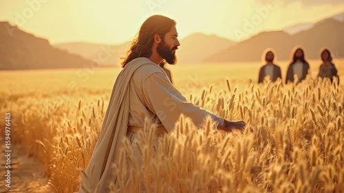 Jesus walking through a wheat field