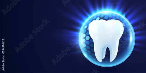 3d realistic vector healthy glowing tooth. Shield around white tooth. Dental care, protection and whitening.