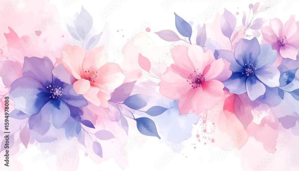 Fototapeta premium Soft pastel watercolor splashes blending into abstract floral shapes, with delicate petals and leaves in pink and lavender tones