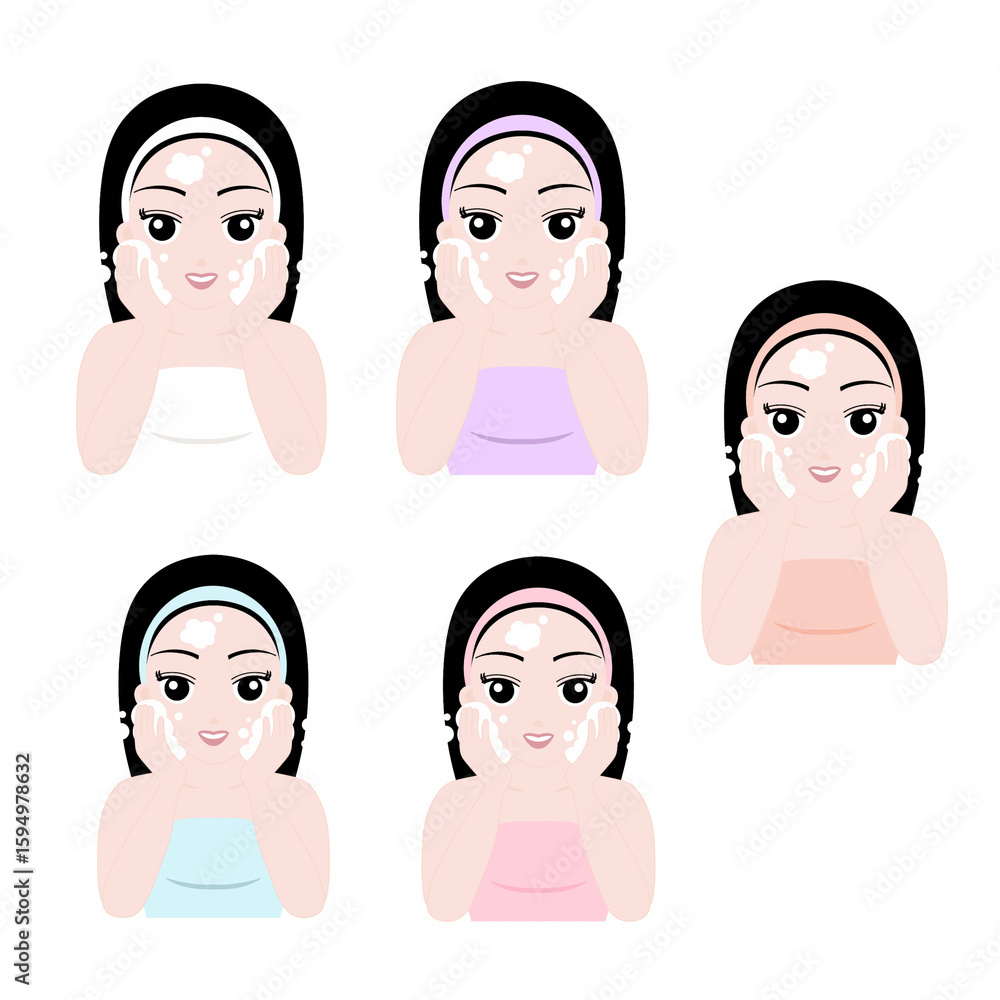 Set of Woman Cleansing Face with Foaming Wash Skincare Illustration Set of Woman Cleansing Face with Foaming Wash Skincare Illustration