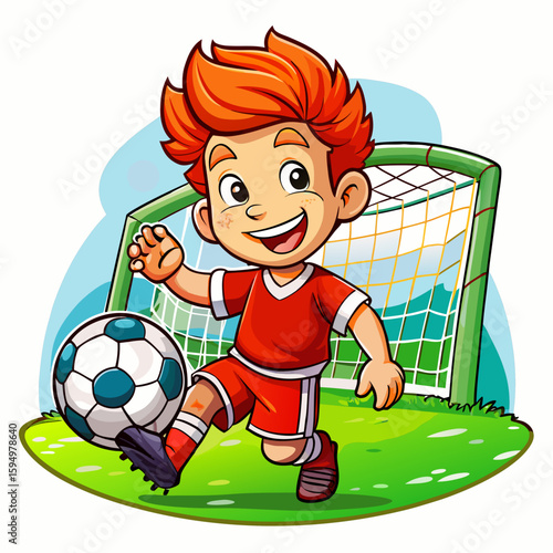 Cartoon little boy playing footbal