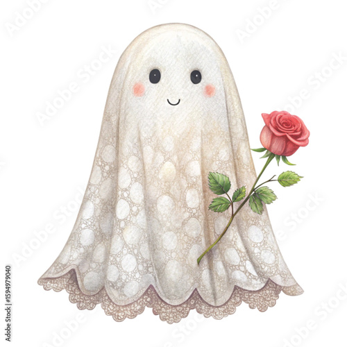 Cute little ghosts and beautiful flowers Clipart watercolor 
