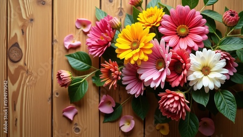 Colorful daisy flowers and petals arranged on a wooden background