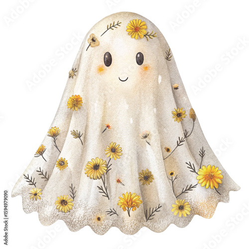 Cute little ghosts and beautiful flowers Clipart watercolor 
