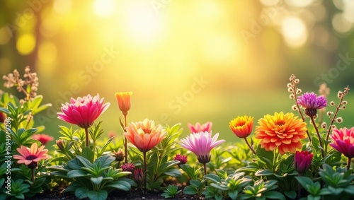 Colorful Flowers in Sunlight Garden with Green Foliage