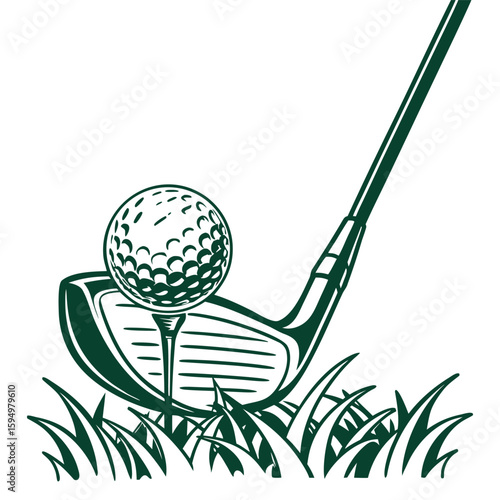 Golf club with ball on tee on green background, isolated for sports or leisure.