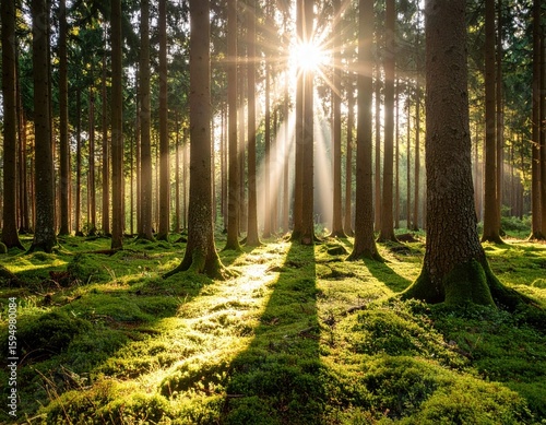 Sunlight shining through tall trees in green forest with mossy ground cover during daytime