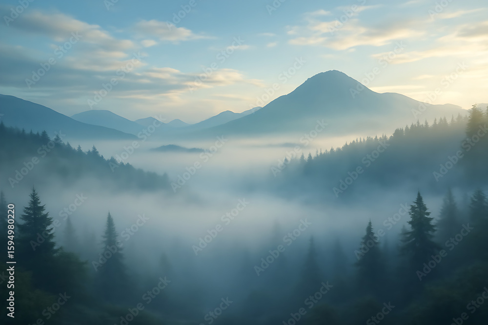 Obraz premium Soft morning light bathes a mountain valley in veils of mist, diffusing cool blue and gray tones. 