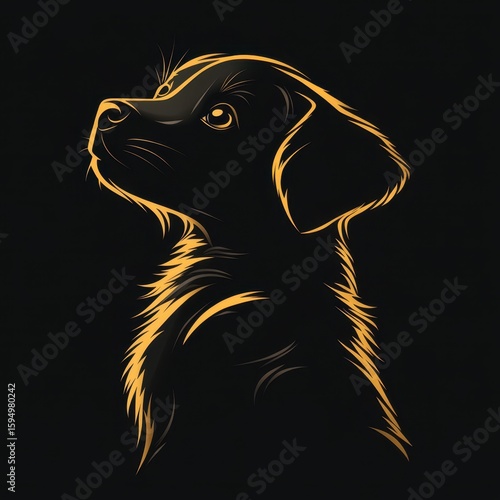 Dog silhouette with golden fur against a black background showcasing a gentle expression in a minimalist style