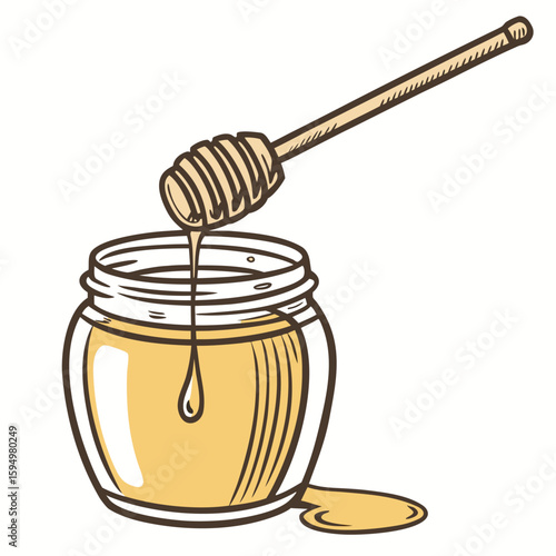 Jar of honey with single drippy spoon, isolated on a clean background for sweet food.