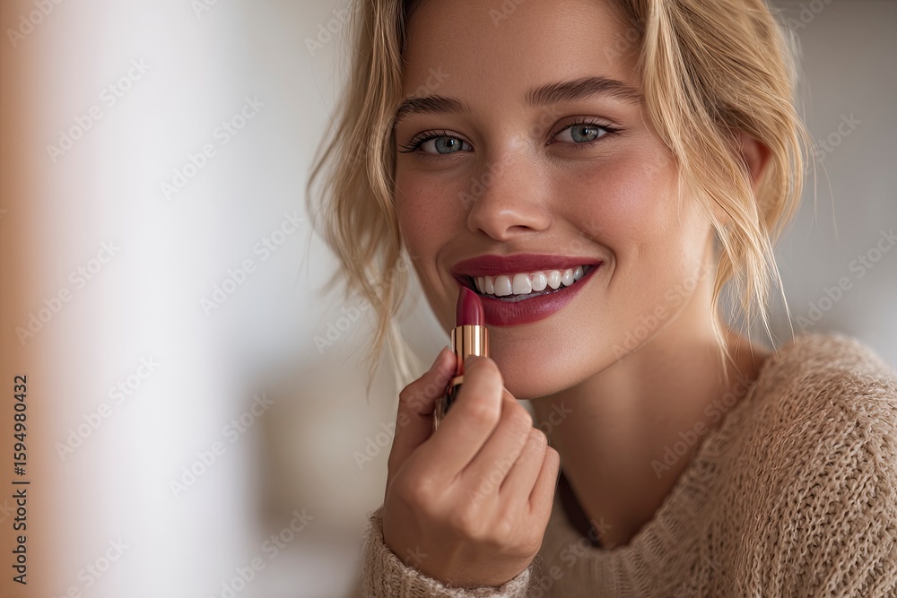 Close-up portrait of an attractive blonde woman with a beautiful smile, wearing beige and looking in the mirror, applying lipstick to her lips at home. The background is blurred, with soft lighting, Close-up portrait of an attractive blonde woman with a beautiful smile, wearing beige and looking in the mirror, applying lipstick to her lips at home. The background is blurred, with soft lighting,