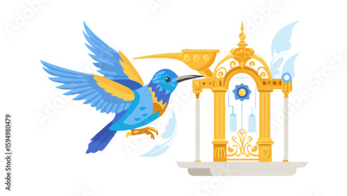 Illustration of a blue bird flying near a golden bird feeder with intricate design elements vector art