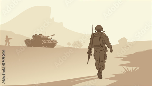 Military desert operation army soldiers tank armed forces war zone middle east combat illustration sandstorm