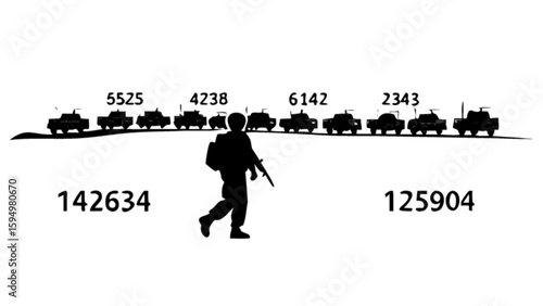 Military convoy vector illustration featuring army vehicles and soldier silhouette for defense themes design