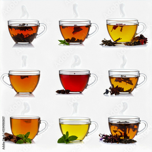Collection of herbal teas and botanical infusions isolated on white background with steam effect and directional lighting for health-focused visuals